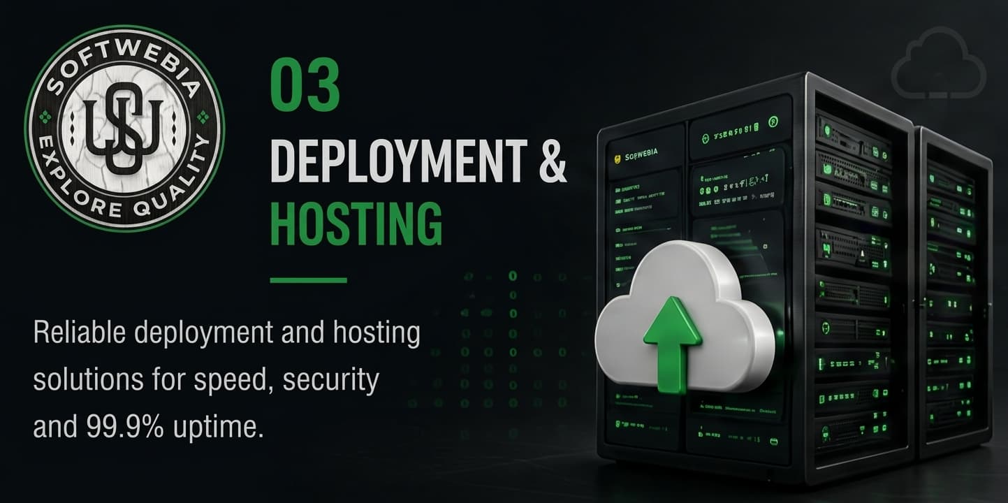 Softwebia deployment and hosting, with servers and a cloud upload.